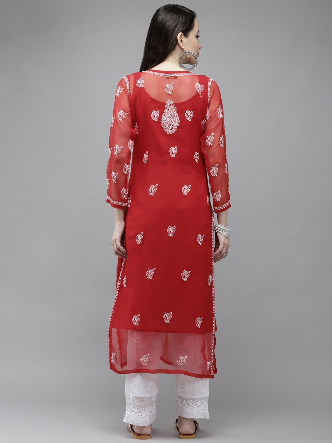 Ada Hand Embroidered Red Georgette Lucknowi Chikankari Straight Kurta With Slip A411289