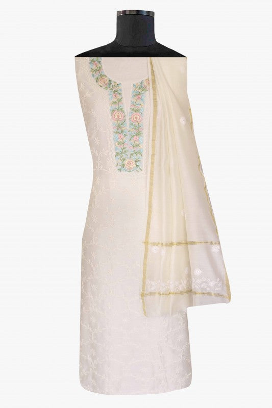 Ada Hand Embroidered Cream Chanderi Lucknowi Chikan Unstitched Kurta Dupatta Set- A610361