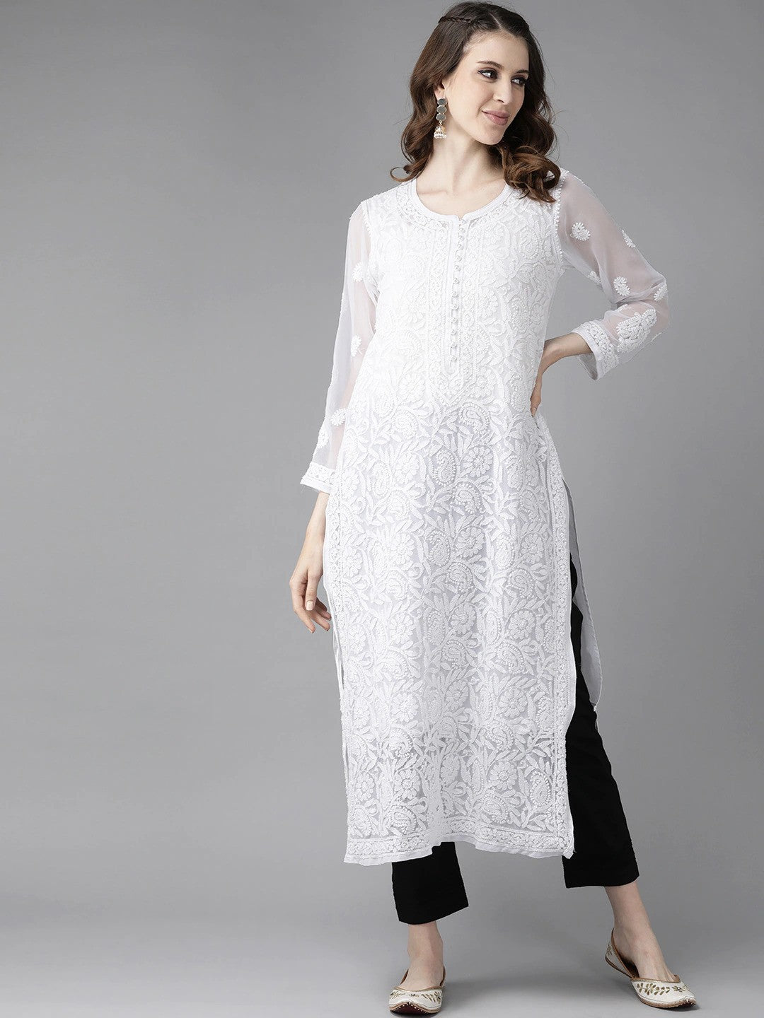 Ada Hand Embroidered White Georgette Lucknowi Chikankari Straight Kurta Set With Slip A811176