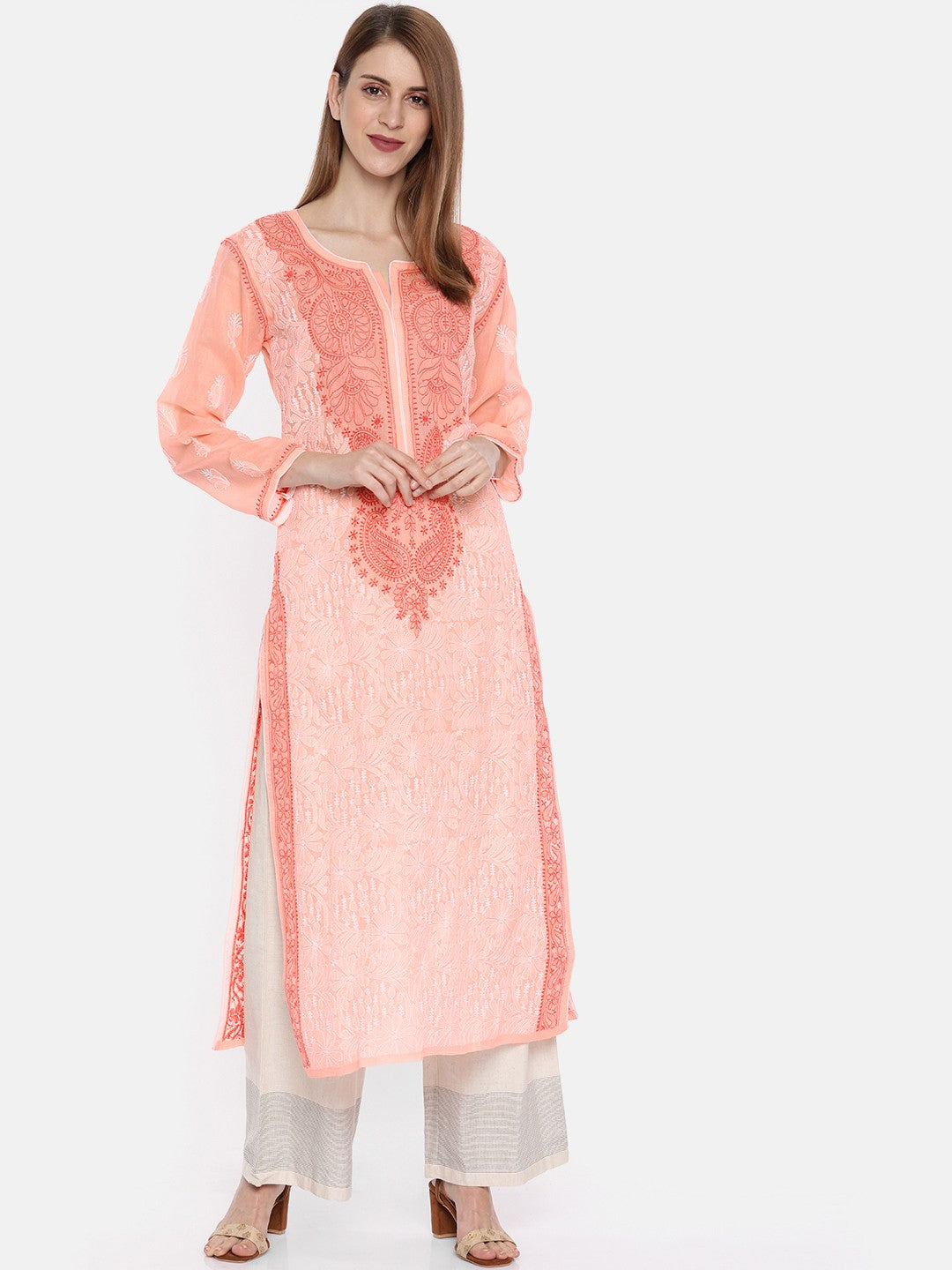 Ada Hand Embroidered Peach Cotton Lucknowi Chikankari Straight Kurta A230781