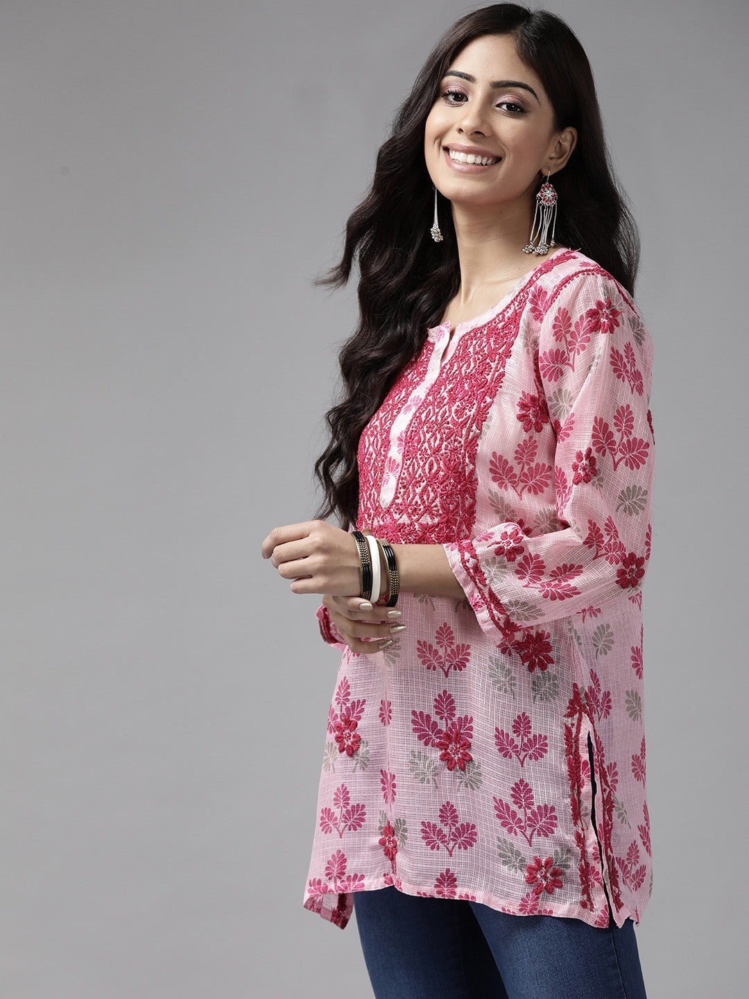 ADA Hand Embroidered Pink Kota Lucknowi Chikankari Short Kurti A911142