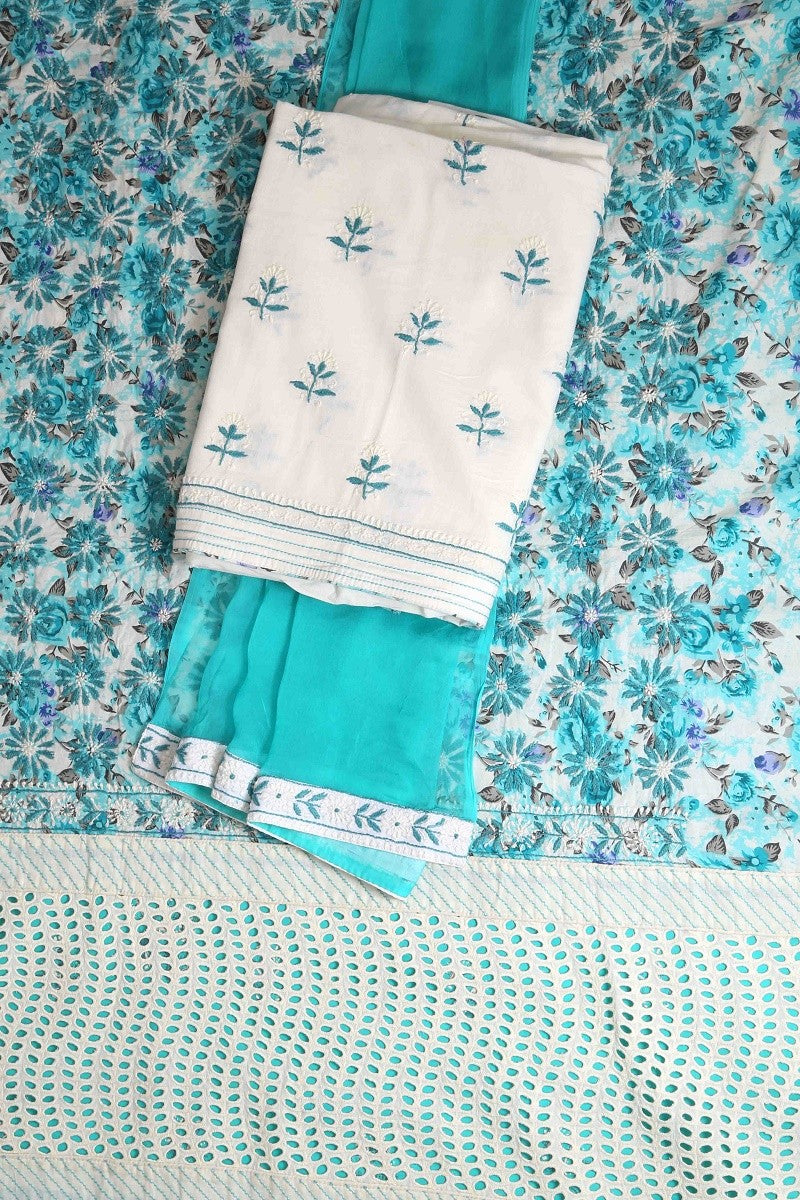 Ada Hand Embroidered Sea Green/Cream Cotton Lucknowi Chikan Unstitched Suit Piece-A478841