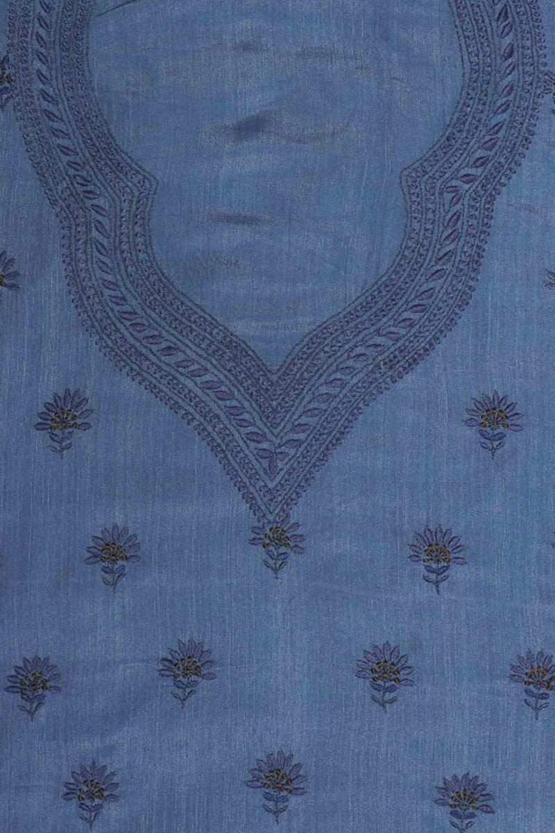 Ada Hand Embroidered Yale Blue Cotton Lucknow Chikan Saree With Blouse-A128656