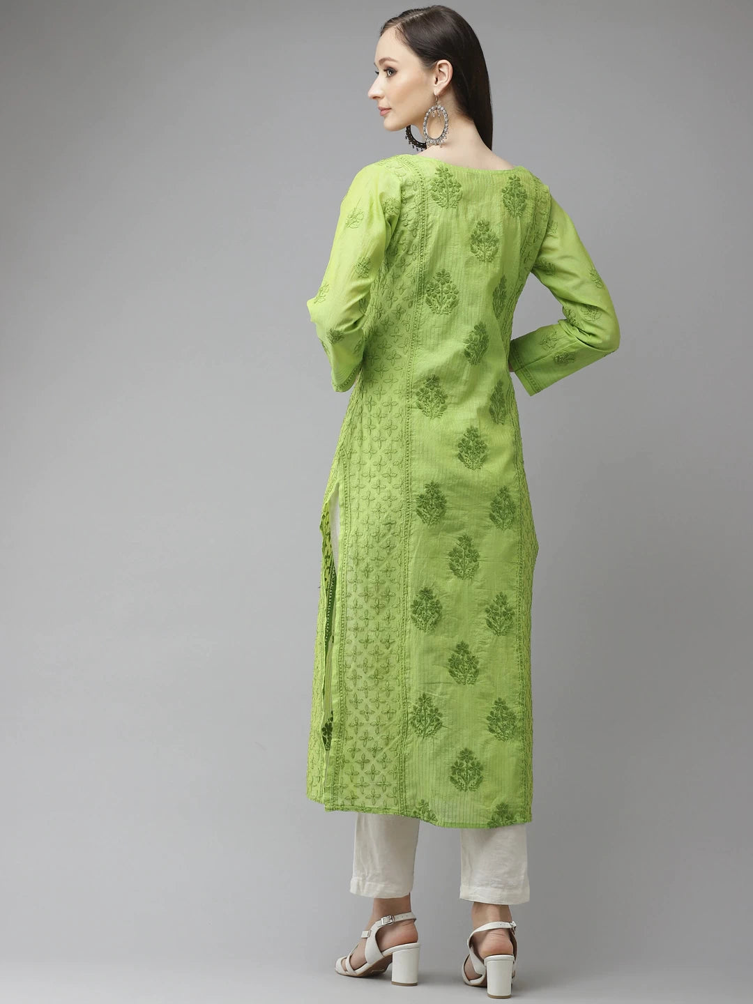 Ada Hand Embroidered Green Chanderi Lucknowi Chikankari Straight Kurta-A411314