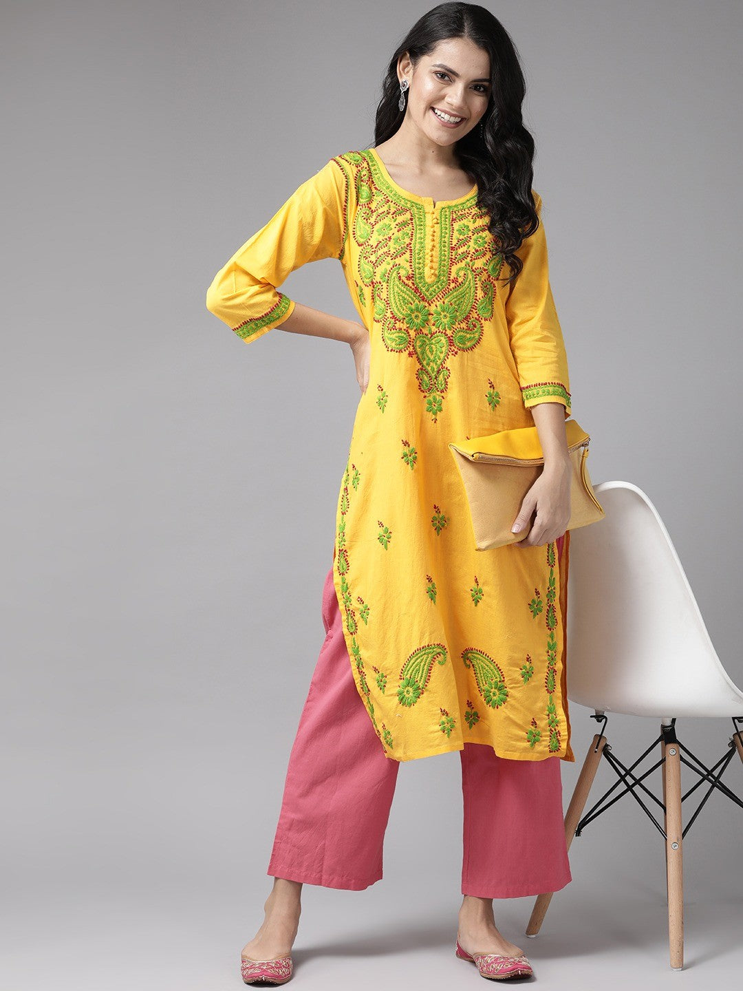 Ada Hand Embroidered Yellow Cotton Lucknowi Chikankari straight Kurta A223631