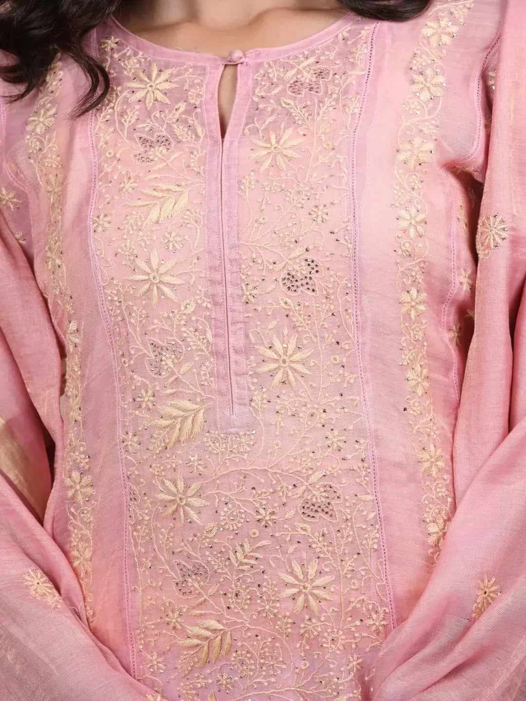 Ada Hand Embroidered Dusty Peach Tissue Lucknowi Chikankari Semi-stitched Kurta Dupatta Set With Muqaish Work 01A229599