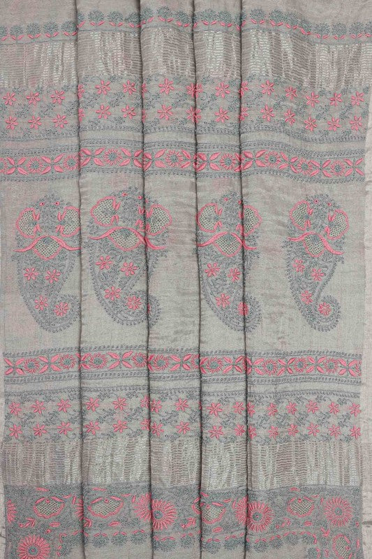 Ada Hand Embroidered Grey Tissue Lucknow Chikan Saree With Blouse-A622171