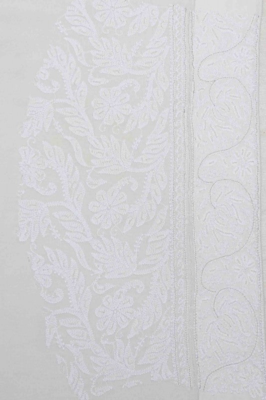 Ada Hand Embroidered White Pure Georgette Lucknow Chikan Saree With Blouse- A594302