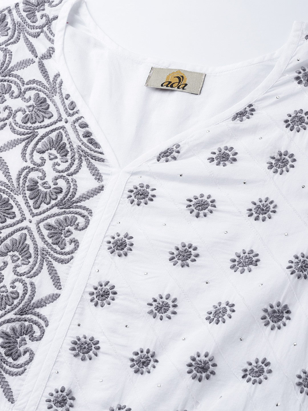 Ada Hand Embroidered White Cotton Lucknowi Chikankari Straight Kurta With Muqaish Work A100056
