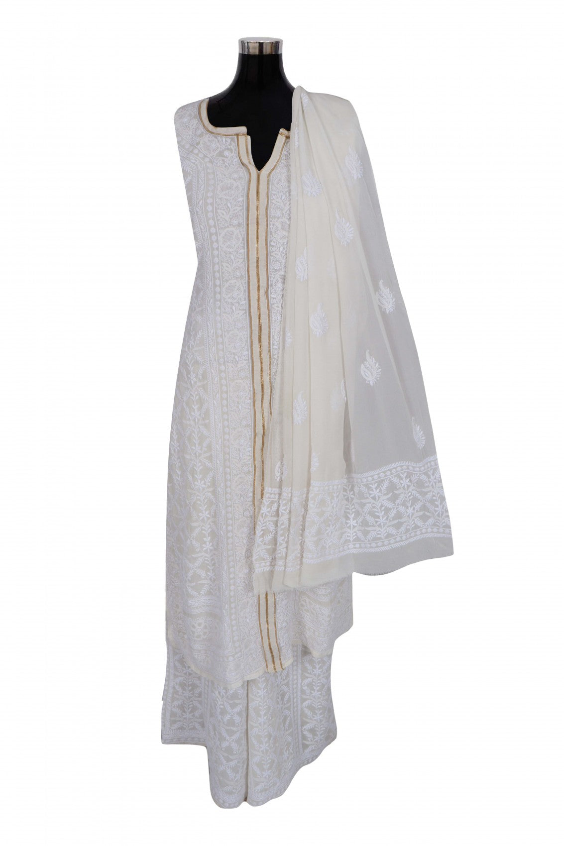 Ada Hand Embroidered Off White Pure Georgette Lucknowi Chikankari Semi-Stitched Suit Set A350967
