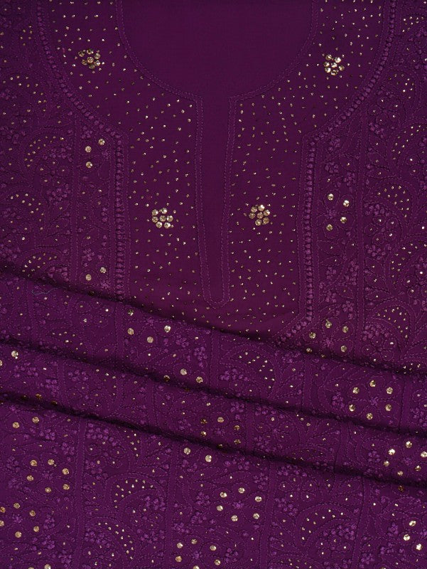 Ada Hand Embroidered Purple Georgette Lucknowi Chikan Unstitched Kurta Piece With Muqaish Work A588369
