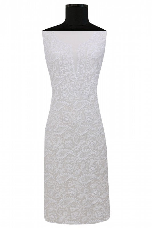 Ada Hand Embroidered White Pure Georgette Lucknowi Chikan Unstitched Kurta Dupatta Set A541409