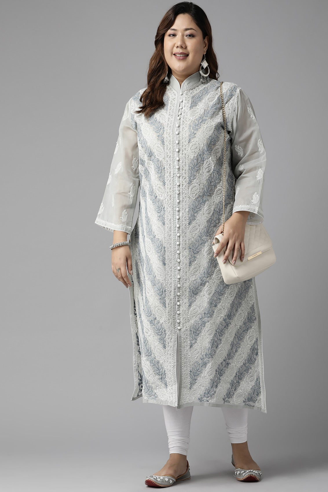 Ada Hand Embroidered Grey Cotton Lucknow Chikan Straight Kurta  A411320