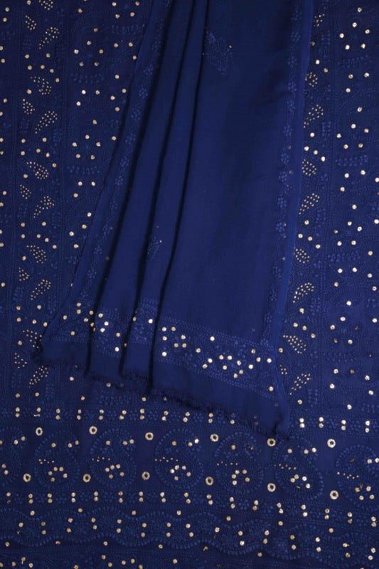 Ada Hand Embroidered Navy Blue Georgette Lucknowi Chikan Unstitched Kurta Dupatta Set With Muqaish Work- A611942