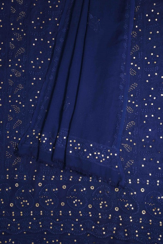 Ada Hand Embroidered Navy Blue Georgette Lucknowi Chikan Unstitched Kurta Dupatta Set With Muqaish Work- A611942