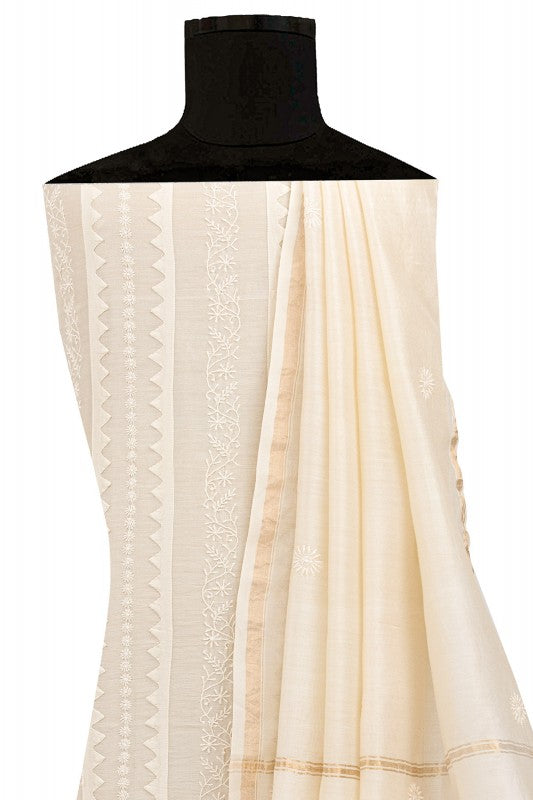 Ada Hand Embroidered Cream Chanderi Lucknowi Chikan Unstitched Kurta Dupatta Piece- A497234