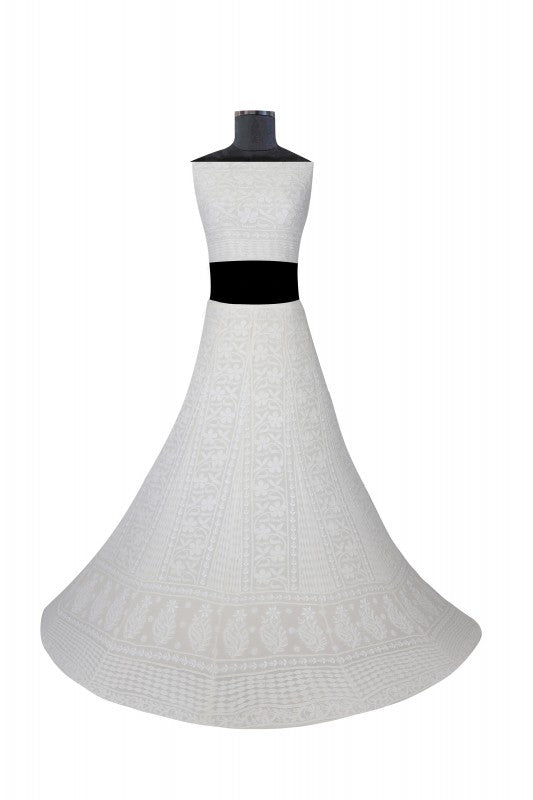 Ada Hand Embroidered White Pure Georgette Lucknowi Chikankari Lehenga Set A454704