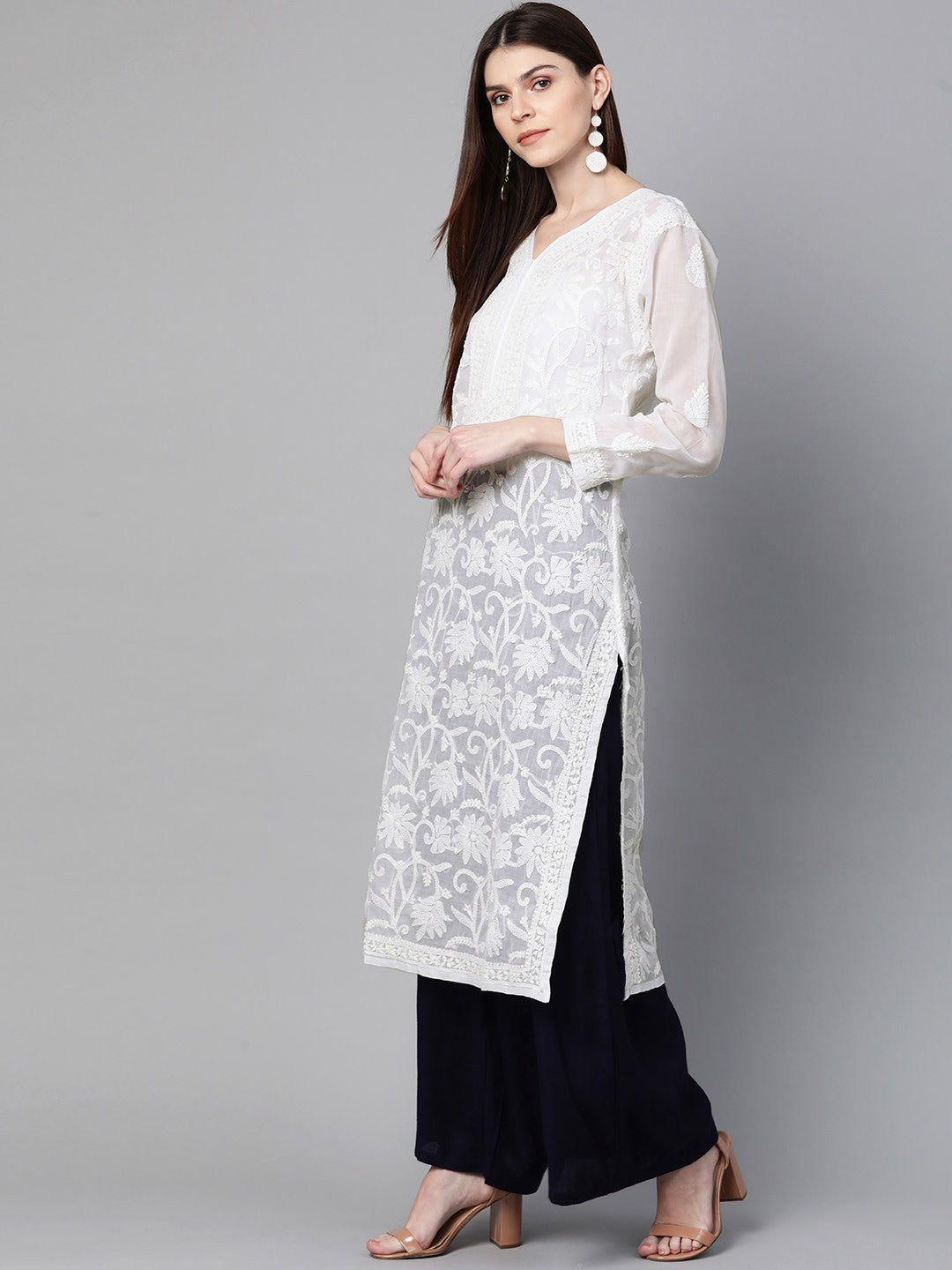 Ada Hand Embroidered White Cotton Lucknow Chikankari Straight Kurta-A100423