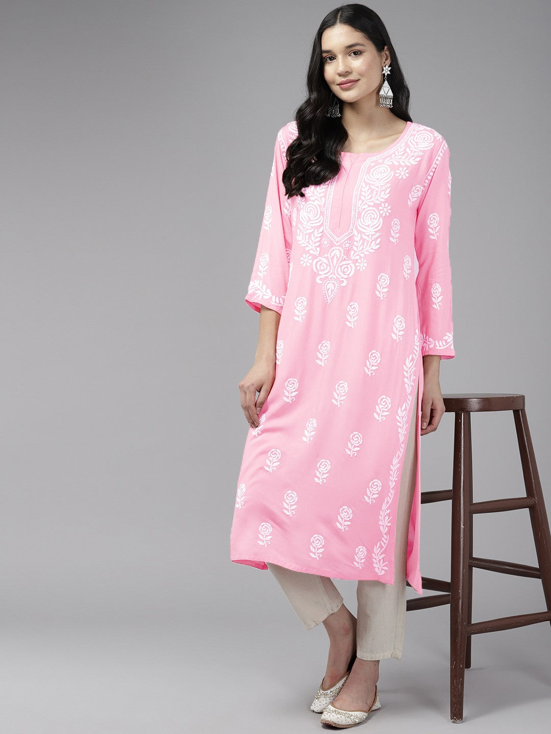 Ada Hand Embroidered Light Pink Rayon Lucknowi Chikankari Straight Kurta A411450