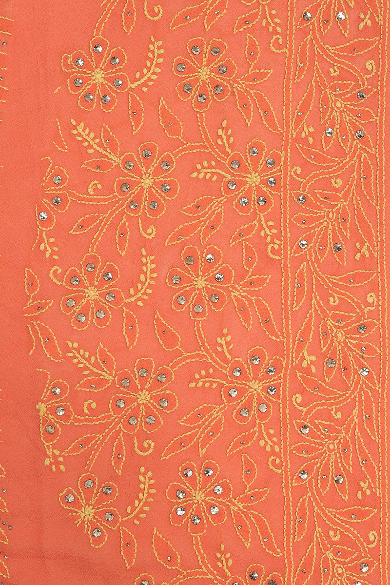 Ada Hand Embroidered Monarch Orange Pure Georgette Lucknowi Chikankari Lehenga Set With Muqaish Work– A600540