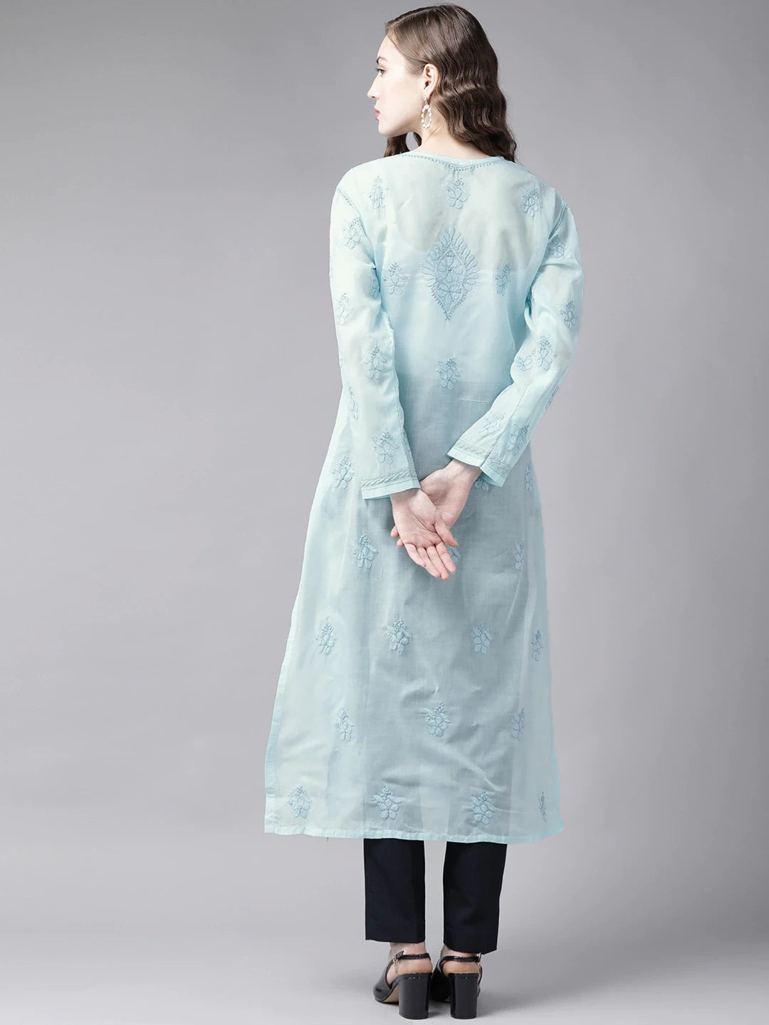 Ada Hand Embroidered Blue Cotton Lucknow Chikan Kurta A411250