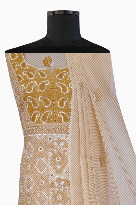 Ada Hand Embroidered Fawn Cotton Lucknowi Chikan Unstitched Suit Piece–A619232