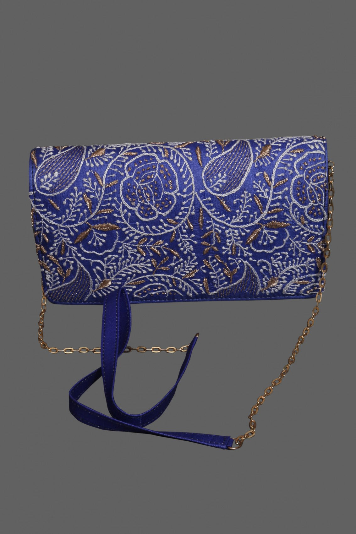 Ada Hand Embroidered Royal Blue Silk Lucknowi Chikankari Clutch With Zari Work 01A298174