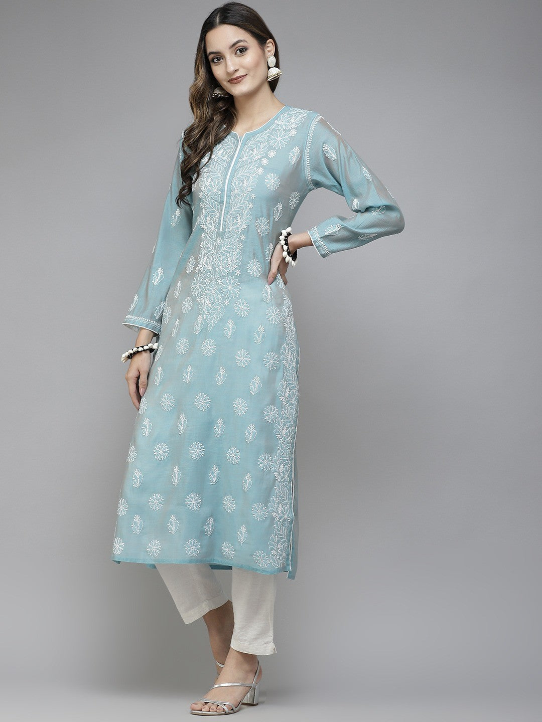 Ada Hand Embroidered Greyish Blue Chanderi Lucknowi Chikan Kurta A411343