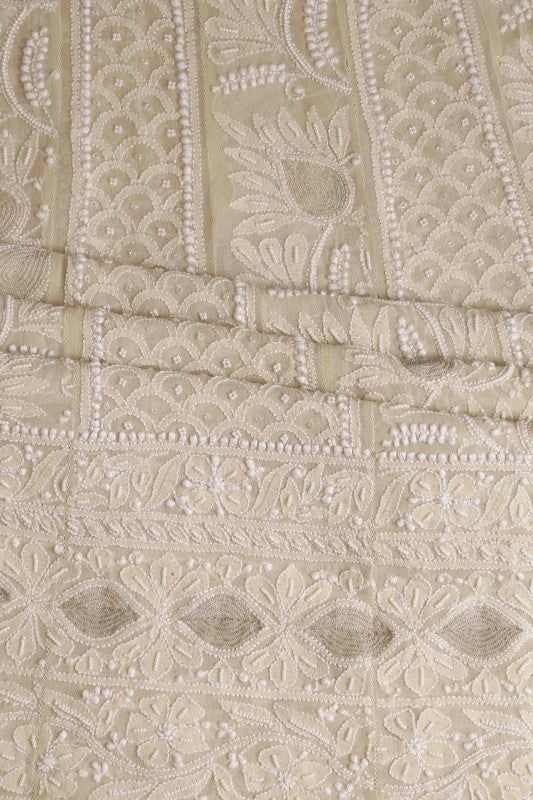 Ada Hand Embroidered Pale Yellow Pure Georgette Semi-stitched Anarkali Kurta Dupatta With Pearl Work - A468460