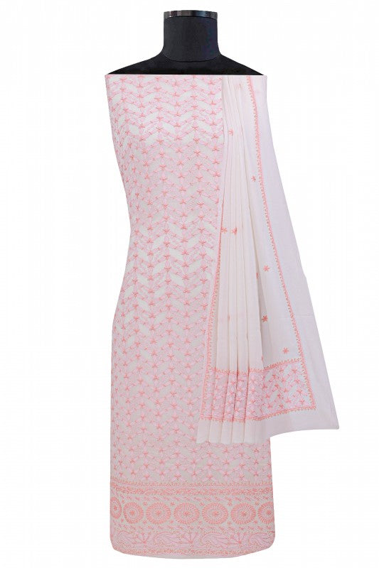 Ada Hand Embroidered White Pure Georgette Lucknowi Chikan Unstitched Kurta Dupatta Set A292102