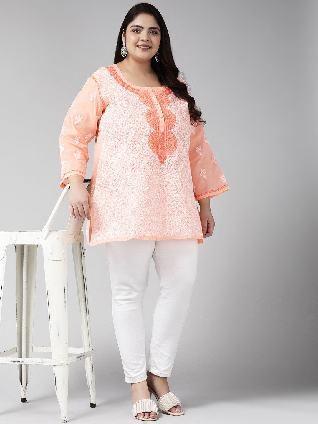 Ada Hand Embroidered Peach Cotton Lucknowi Chikankari Short Kurti A273726