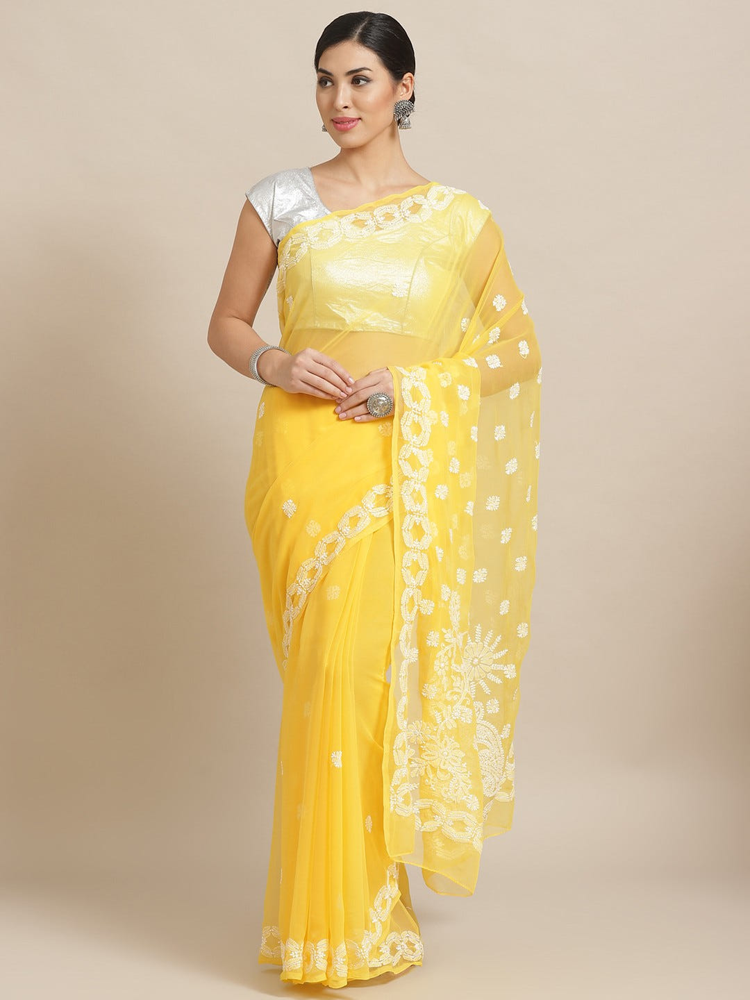 Ada Hand Embroidered Yellow Georgette Lucknowi Chikankari Saree with Blouse A129556