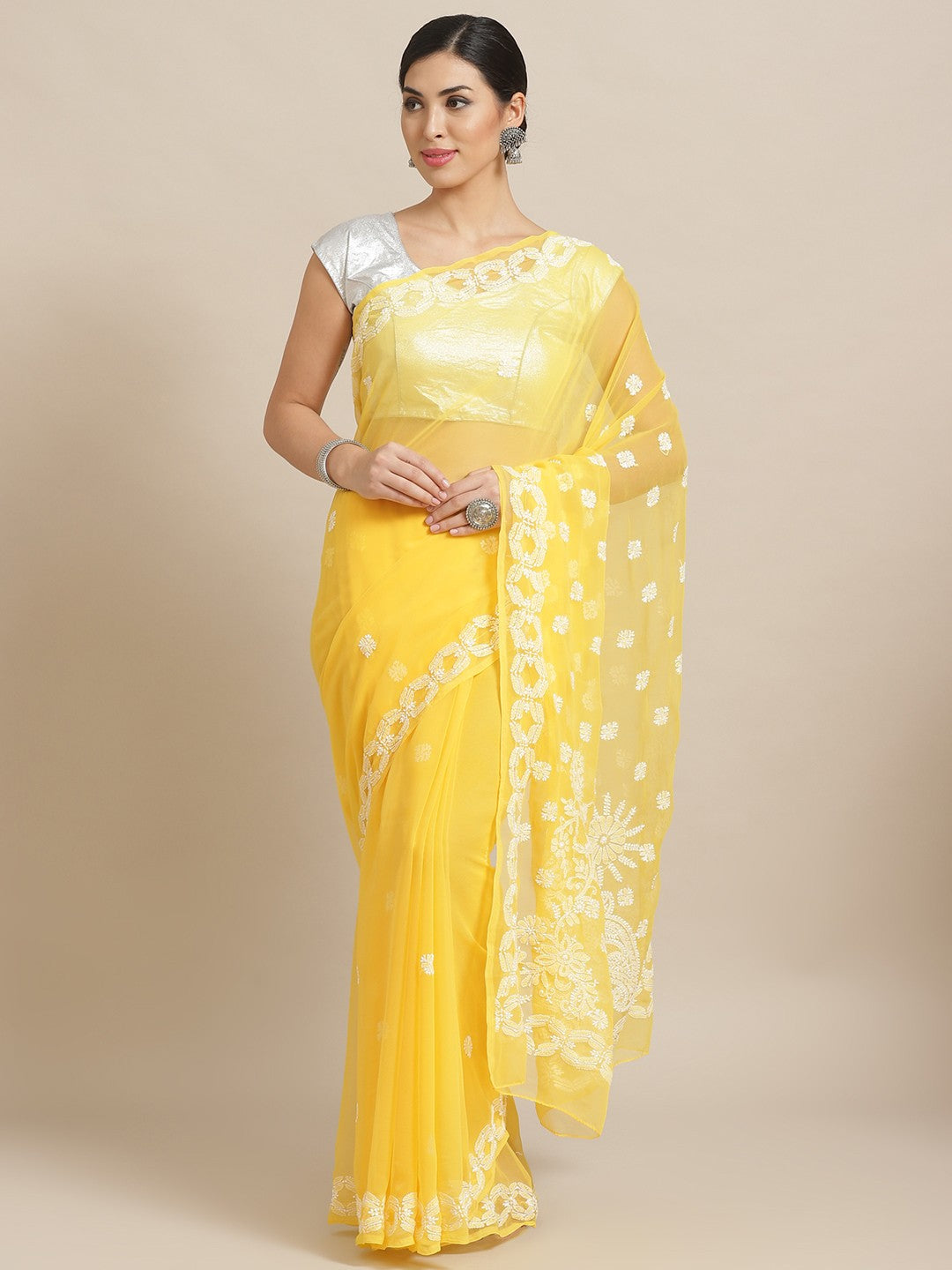Ada Hand Embroidered Yellow Georgette Lucknowi Chikankari Saree with Blouse A129556