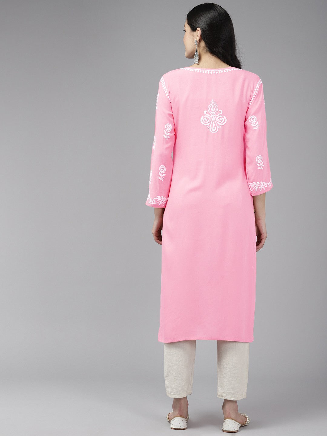 Ada Hand Embroidered Light Pink Rayon Lucknowi Chikankari Straight Kurta A411450