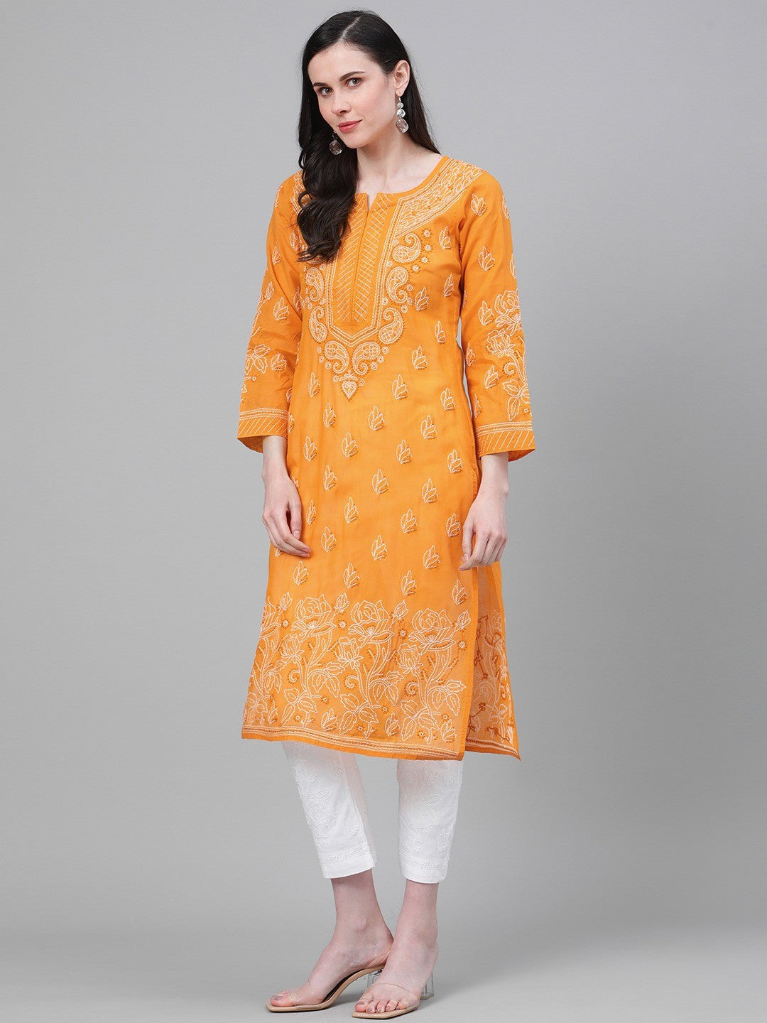 Ada Hand Embroidered Mustard Cotton Lucknowi Chikankari Straight Kurta With Trouser Set A811152