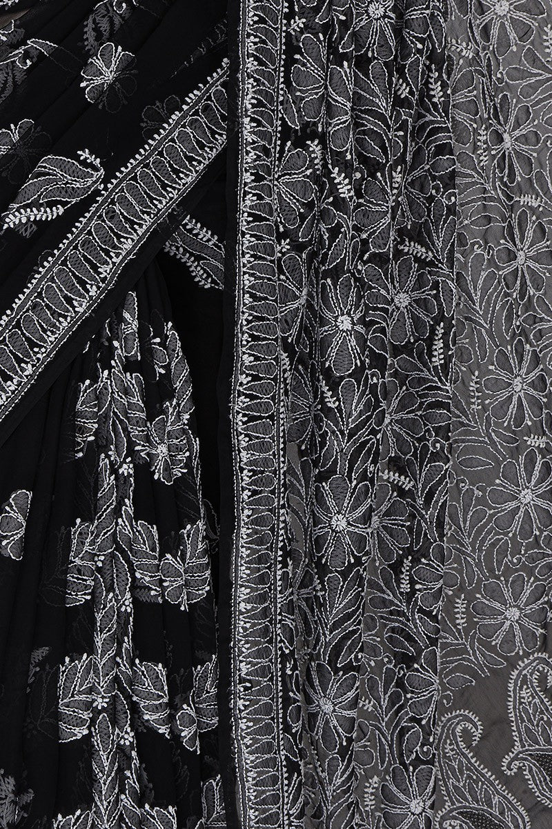 Ada Hand Embroidered Black Georgette Lucknowi Chikankari Saree With Blouse- A621552