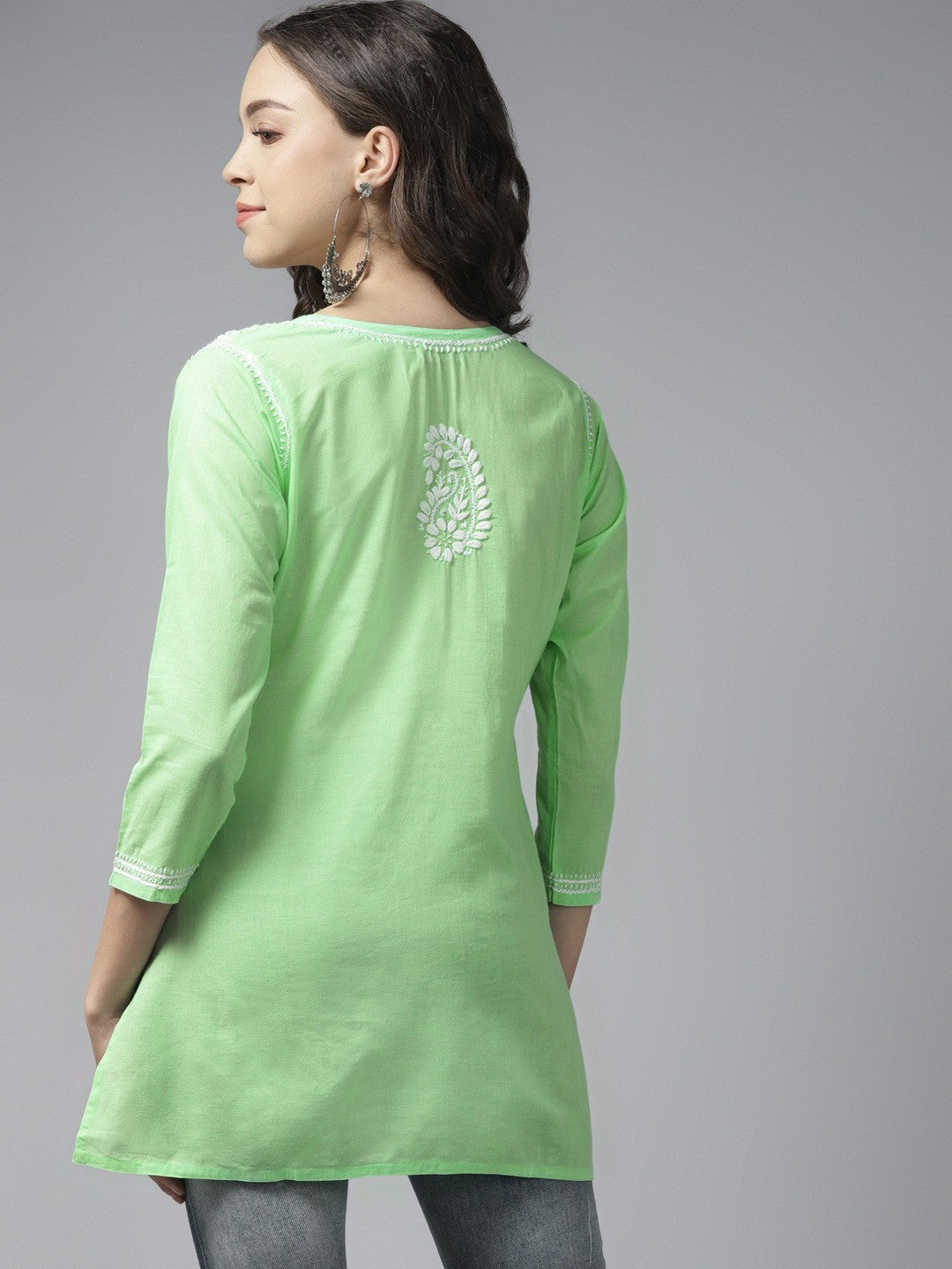 Ada Hand Embroidered Green Cotton Lucknowi Chikankari Short Kurti A911185