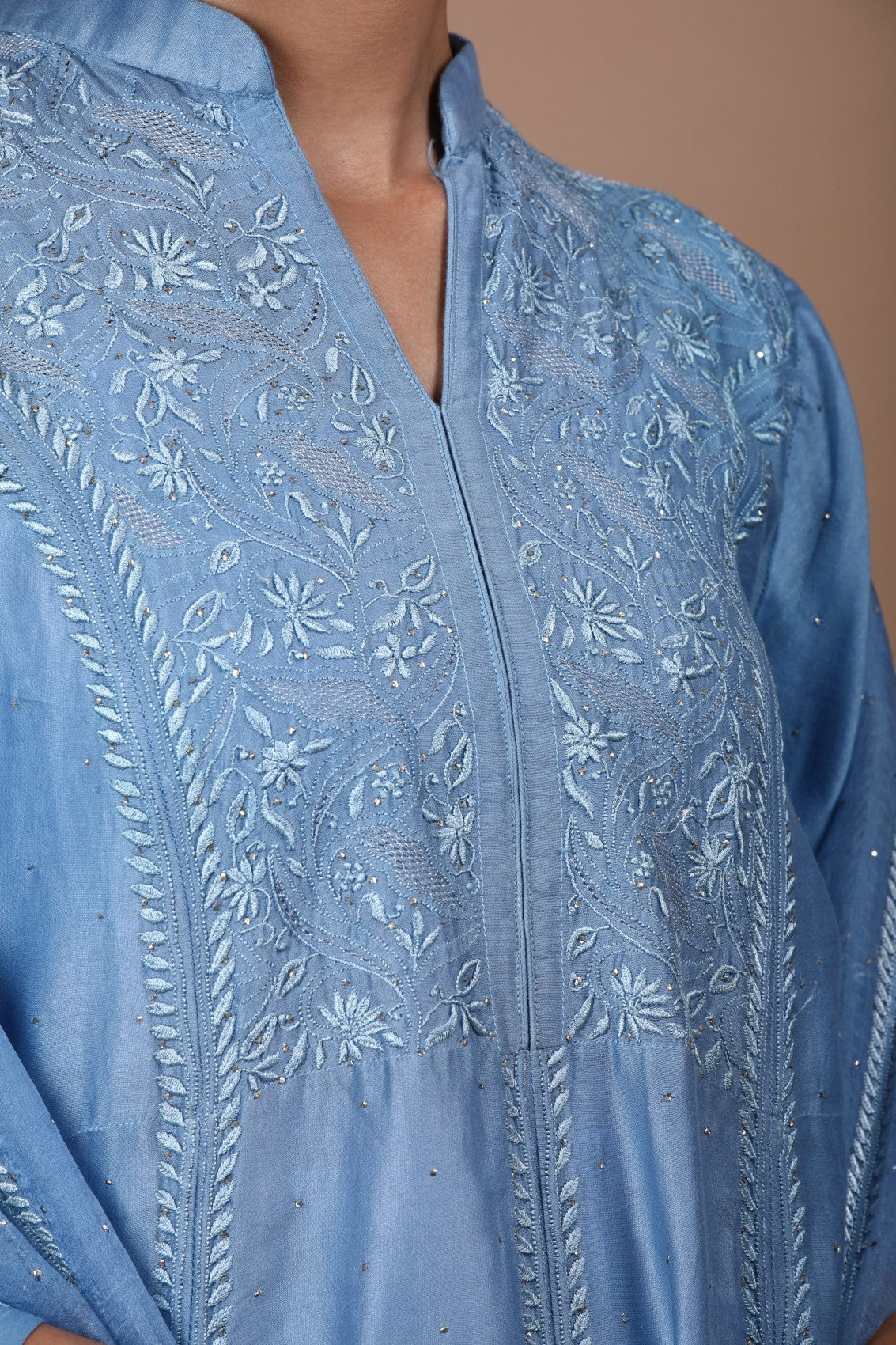 Ada Hand Embroidered Sapphire Blue Chanderi Lucknowi Chikankari Semi-Stitched Anarkali Kurta Dupatta Set With Muqaish Work A623456