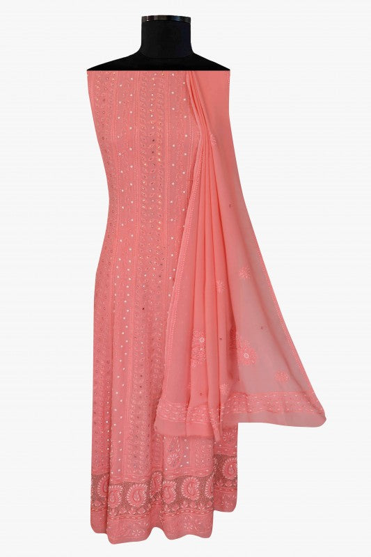 Ada Hand Embroidered Peach Georgette Lucknowi Chikan Semi-Stitched Anarkali Kurta Dupatta Set With Sequinned Work A595401