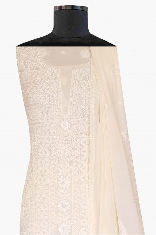 Ada Hand Embroidered White Pure Georgette Lucknowi Chikan Unstitched Kurta Dupatta Set - A590589