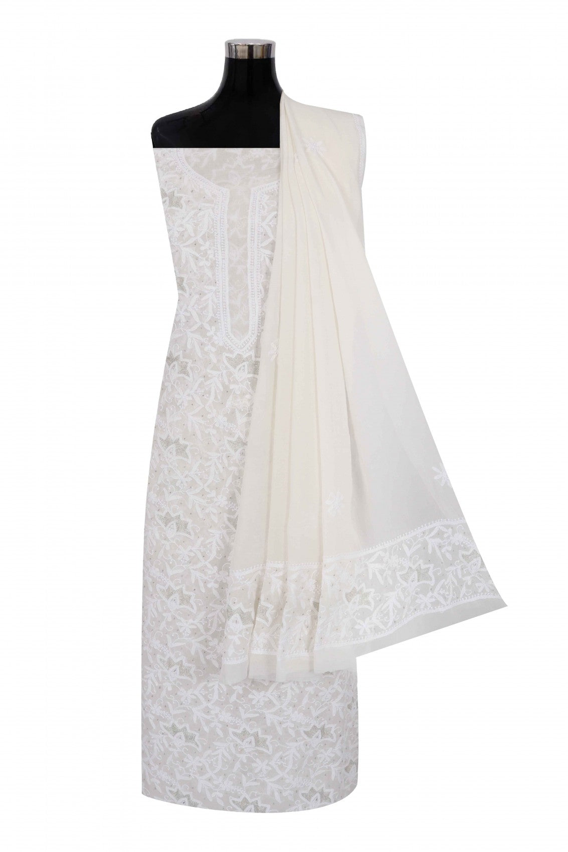 Ada Hand Embroidered Off White Pure Georgette Unstitched Kurta Dupatta Set With Zari Work 01A170073