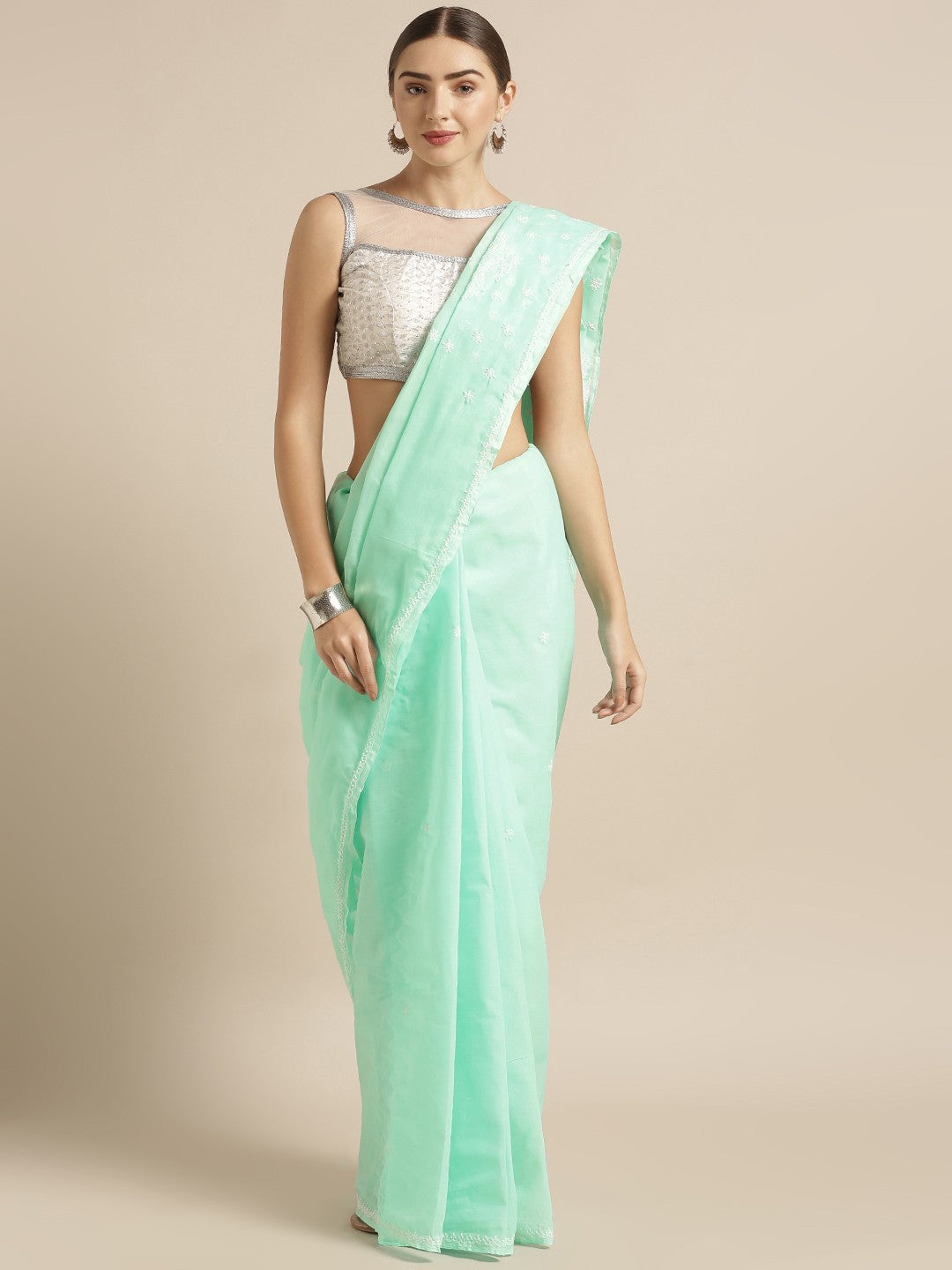 Ada Hand Embroidered Sea Green Cotton Lucknow Chikan Saree With Blouse- A346154