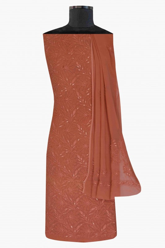 Ada Hand Embroidered Cinnamon Brown Georgette Lucknowi Chikan Unstitched Kurta Dupatta Set With Pearl & Sequinned Work-A611680