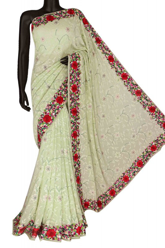 Ada Hand Embroidered Pistachio Green Pure Georgette Lucknow Chikan Saree With Blouse- A94298