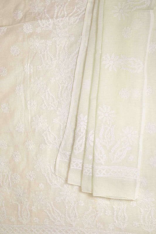 Ada Hand Embroidered Light Lemon Kota Lucknowi Chikan Unstitched Kurta Dupatta Set-A596917