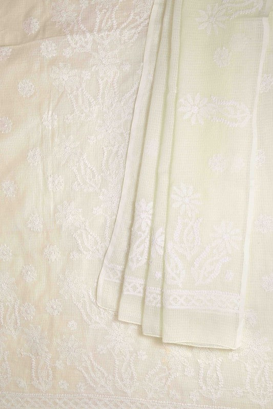 Ada Hand Embroidered Light Lemon Kota Lucknowi Chikan Unstitched Kurta Dupatta Set-A596917