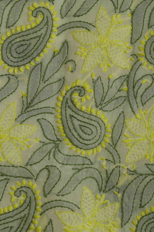Ada Hand Embroidered Lemon Cotton Lucknowi Chikan Unstitched Suit Piece A100164
