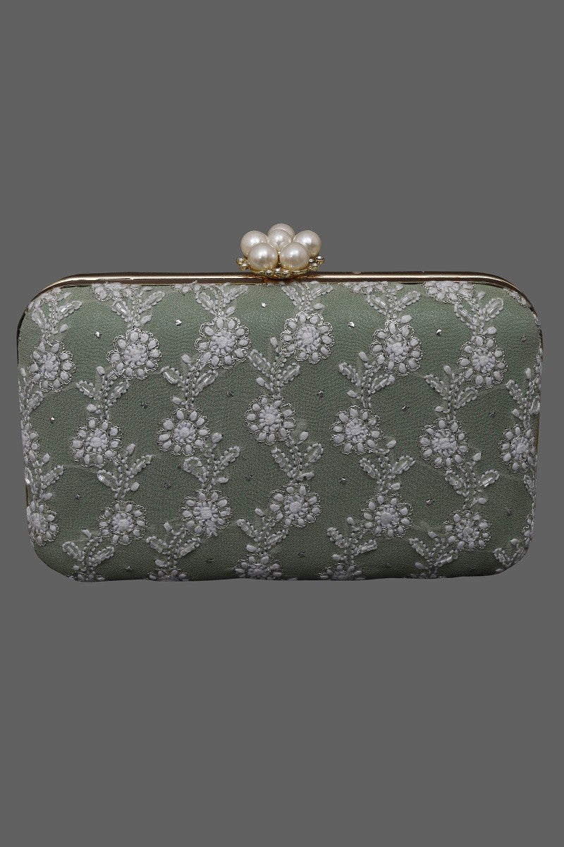 Ada Hand Embroidered Green Pure Georgette Lucknow Chikankari Clutch With Muqaish Work- A602046