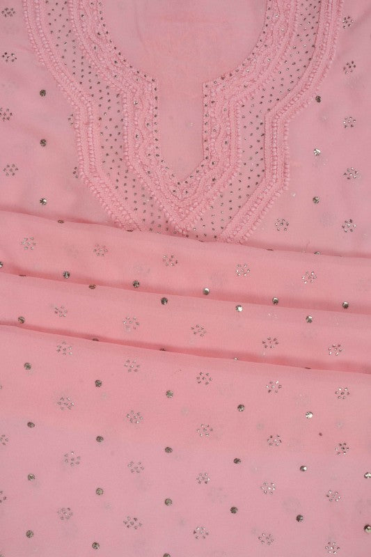 Ada Hand Embroidered Pink Georgette Lucknowi Chikan Unstitched Kurta Piece With Muqaish Work A359567