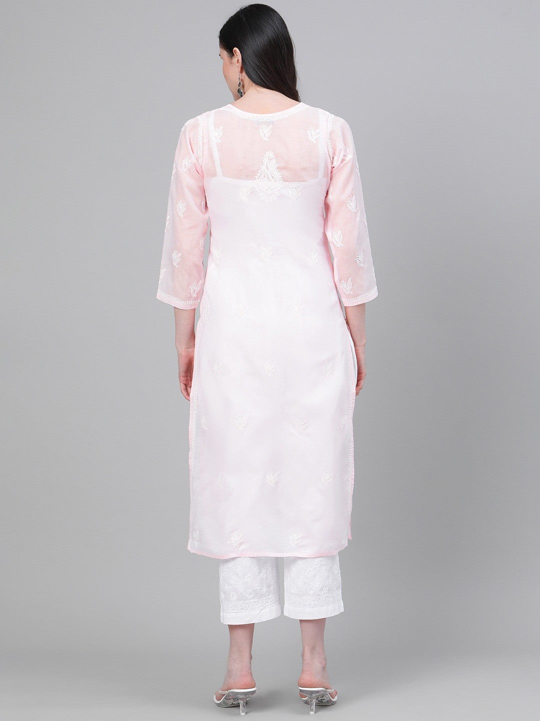 Ada Hand Embroidered Pink And White Cotton Lucknowi Chikankari Kurta with Palazzo A811155